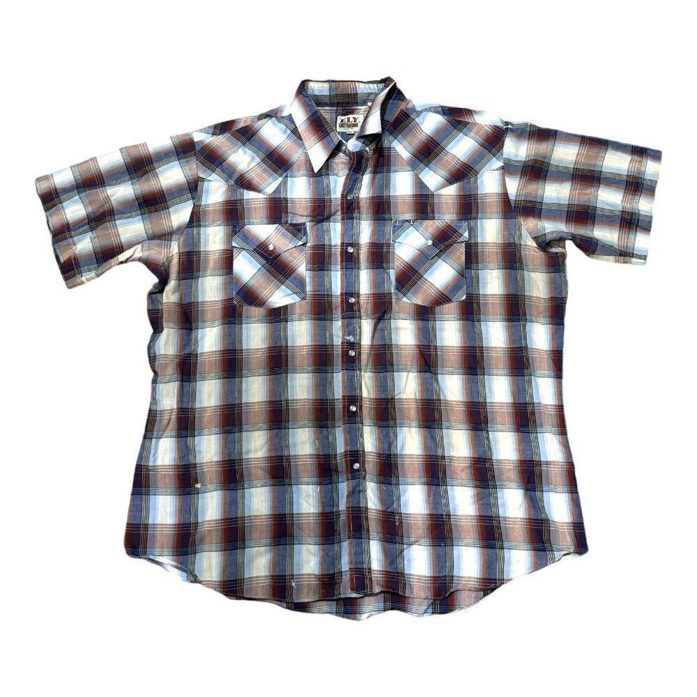Ely Cattleman Mens XL Plaid Country Western Shirt Short Sleeve Button-Up READ